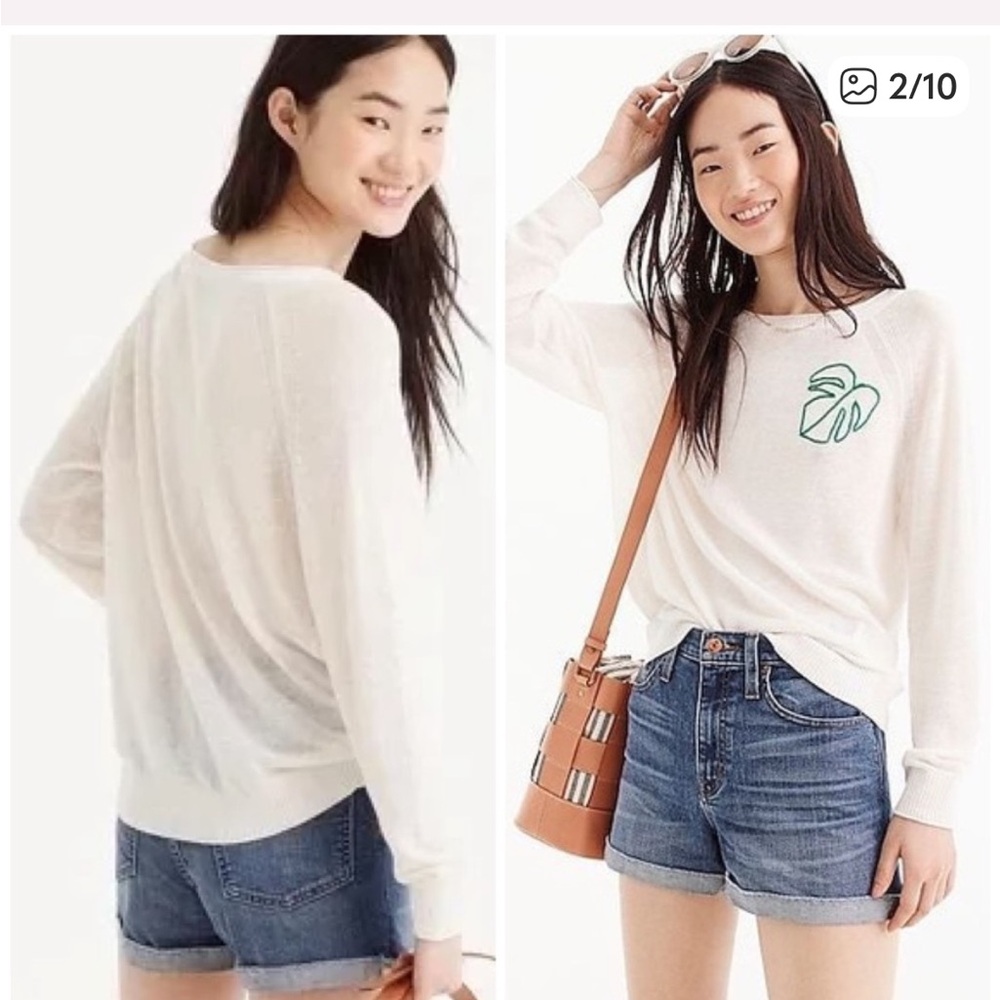 J. Crew summer weight linen blend crewneck Sweater with leaf Embroidered Motif - Picture 2 of 5